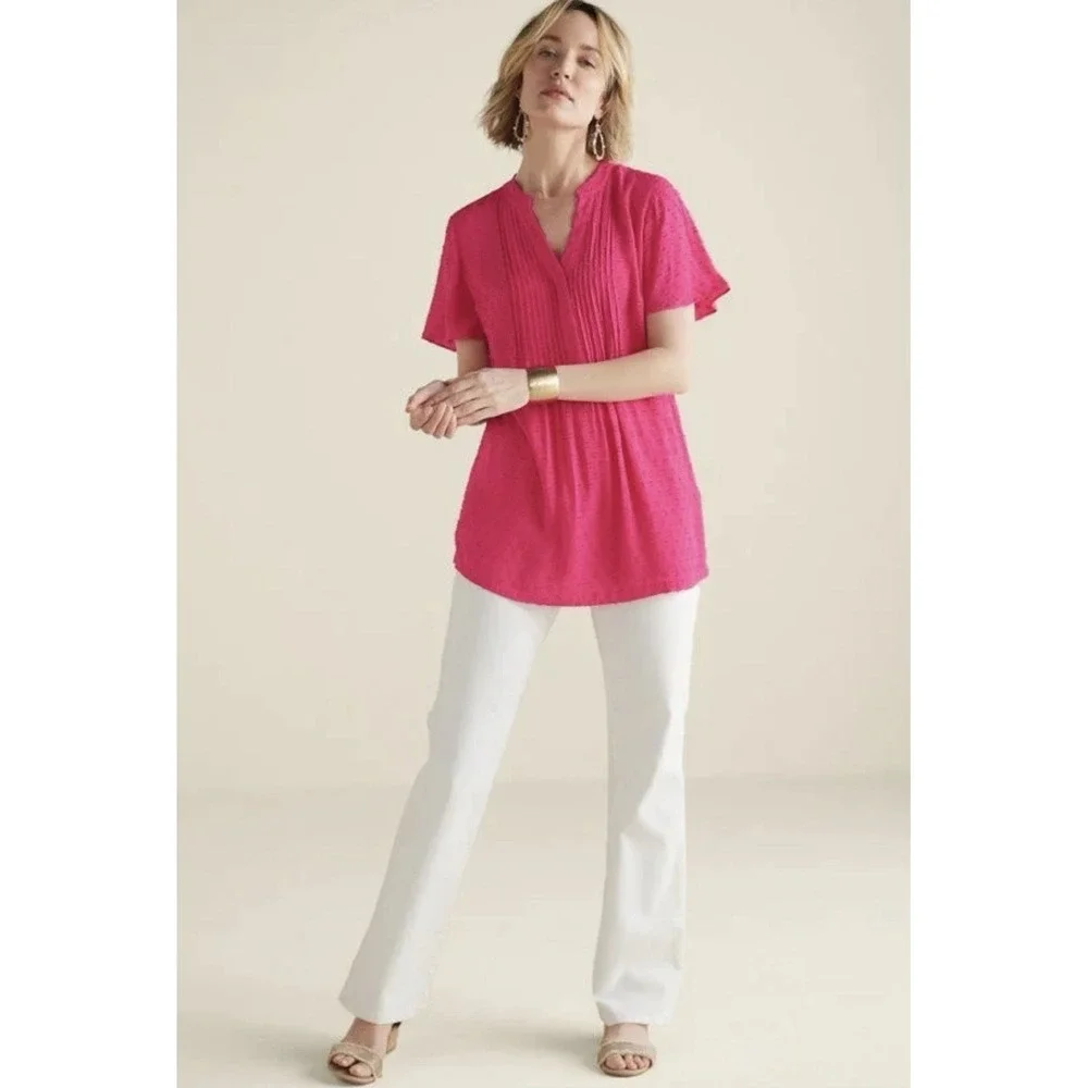 Soft Surroundings Women's 1X Pink Magenta Swiss Dot Pleat Offshore Rayon Top NWT - Picture 14 of 16